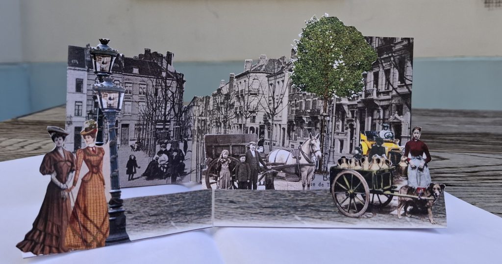 Bricolage sous la forme d'un pop-up présentant un quartier bruxellois au début du 20e siècle