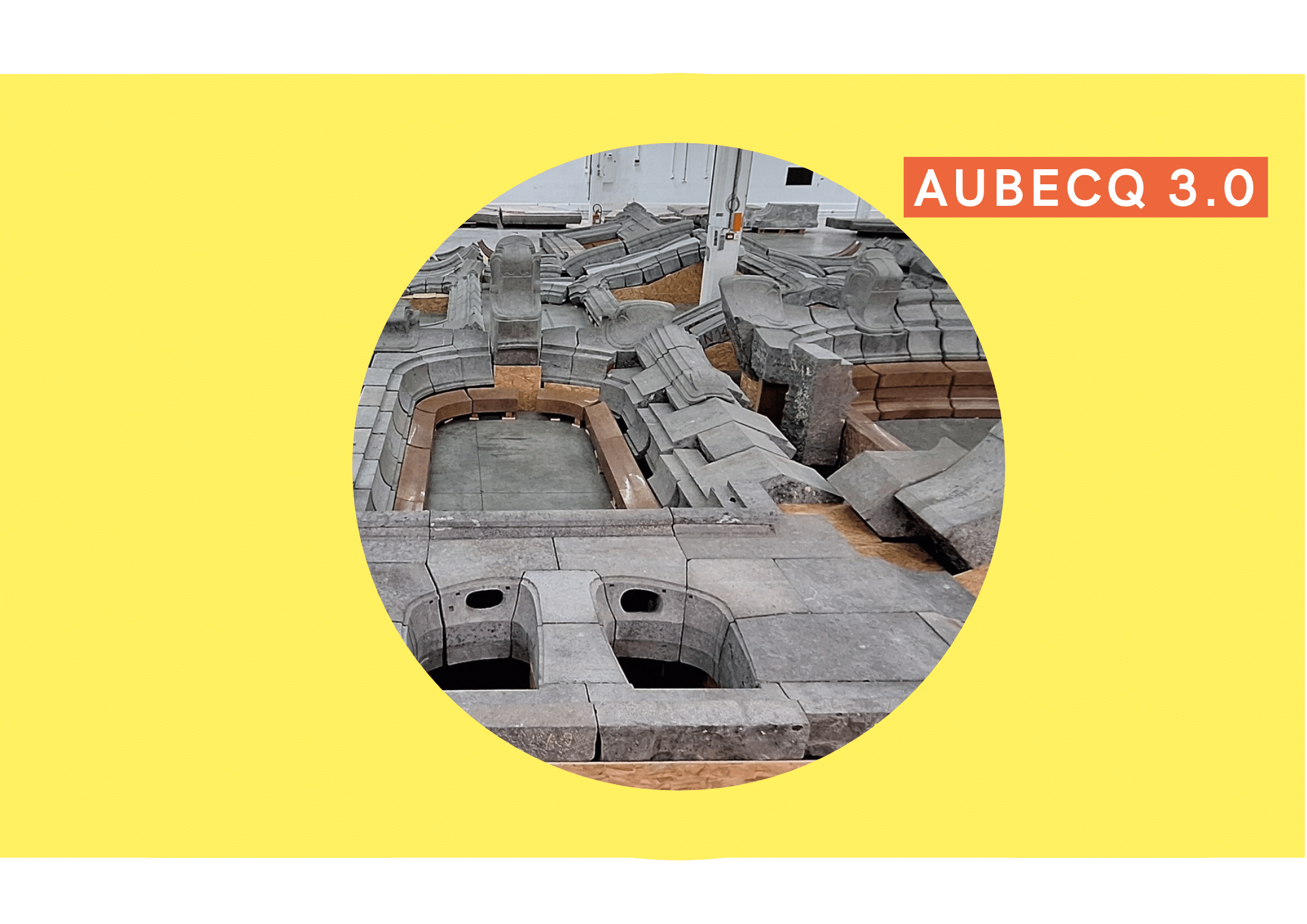 Une photo cropée en arrondi des pierres de la façade Aubcq sur un dond jaune et portant le titre Aubecq 3.0
